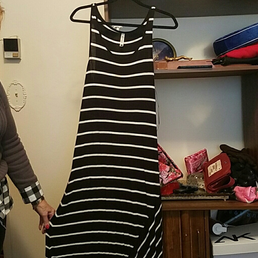 Long black dress with white stripes