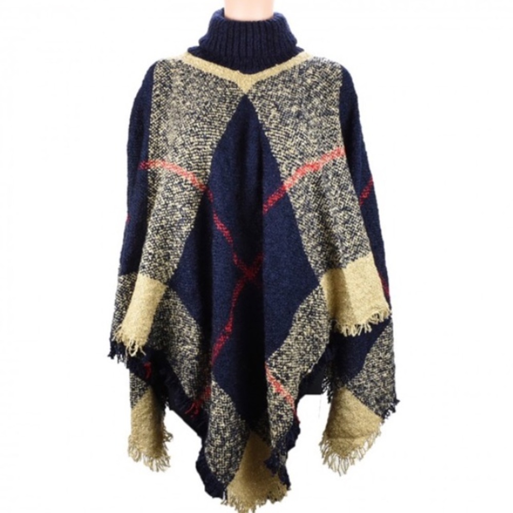 Khaki plaid Knit Turtleneck Poncho