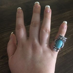 🦉 Turquoise & Rhinestone Boho Adjustable Owl Ring