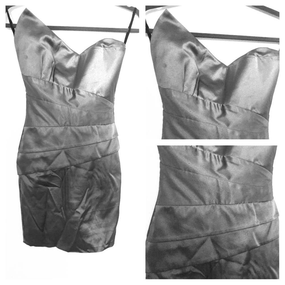 Grey silk asymmetrical strapless mini formal dress