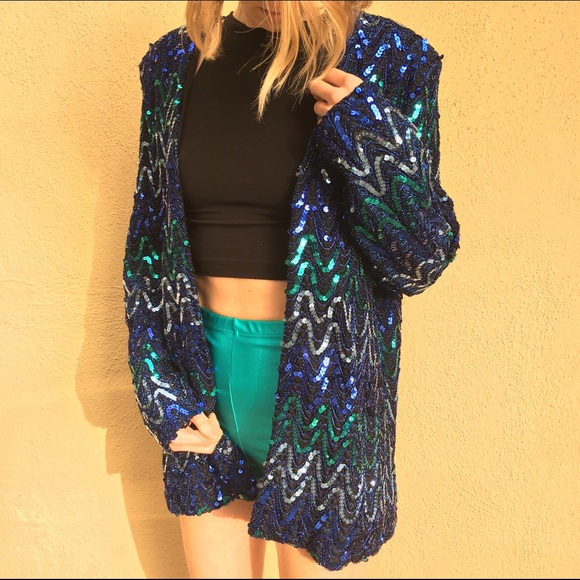Vintage 80s blue sequined blazer - Picture 2 of 4