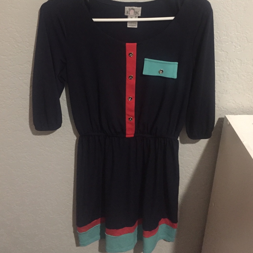 Navy dress with color accents