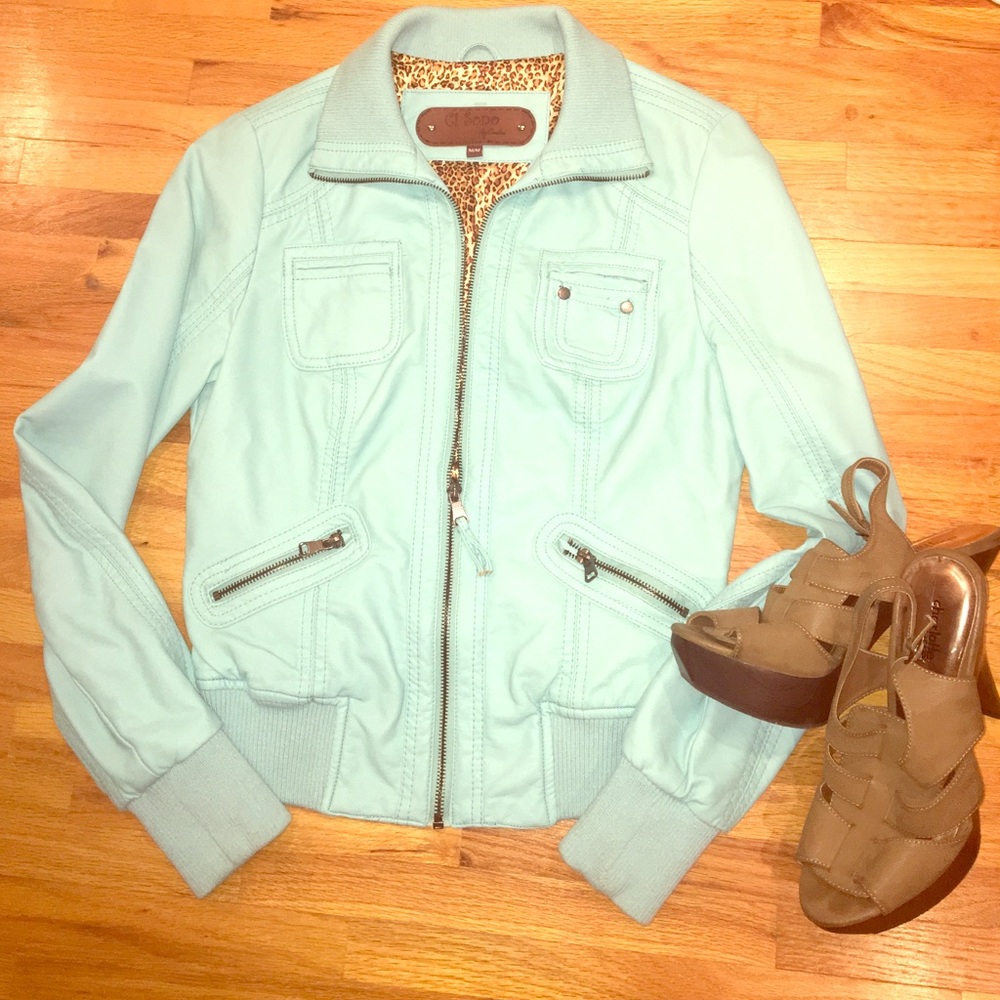 Mint leather crop jacket