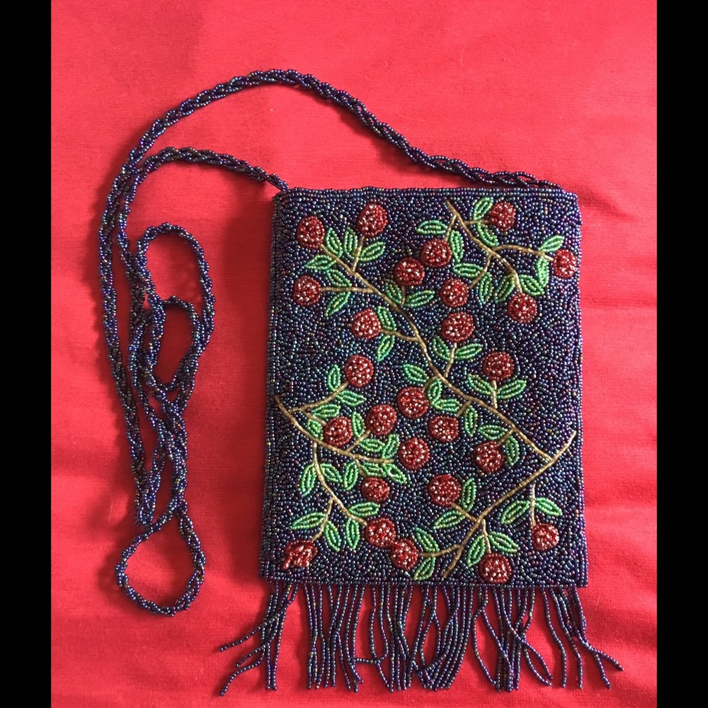Hues of Blue & Cherries Hand-Beaded Purse🍒