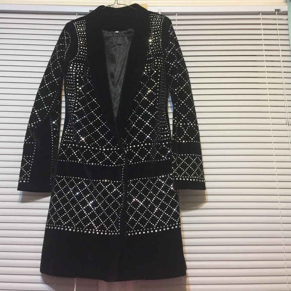 Long Black studded velvet jacket.