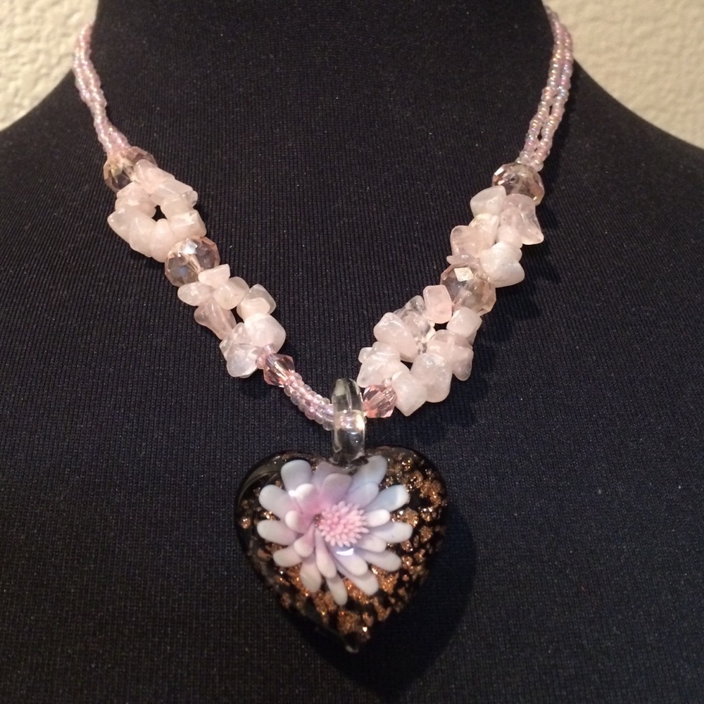 Pink Heart Floral Beaded Pendant Necklace