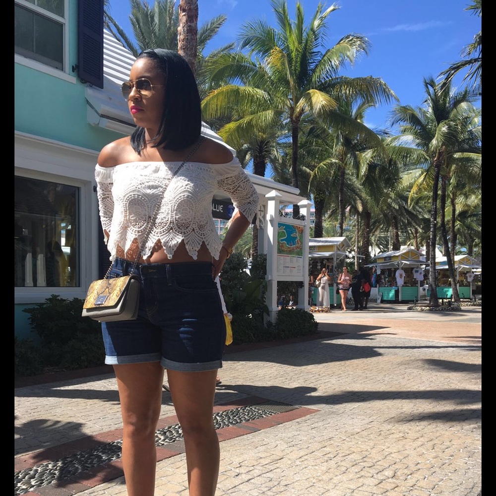 Off the shoulder white lace crop shirt