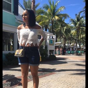 Off the shoulder white lace crop shirt