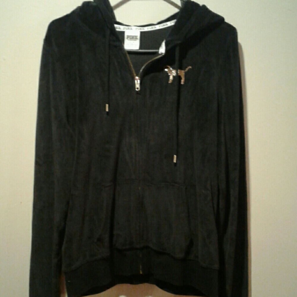 VS PINK black velour zip up hoodie with gold bling