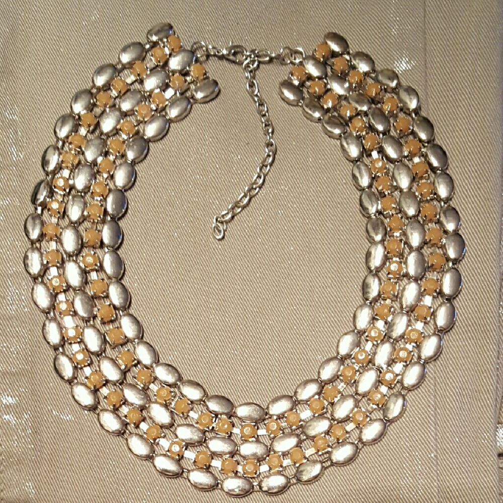 Silver tone/taupe tone beads Collar Necklace