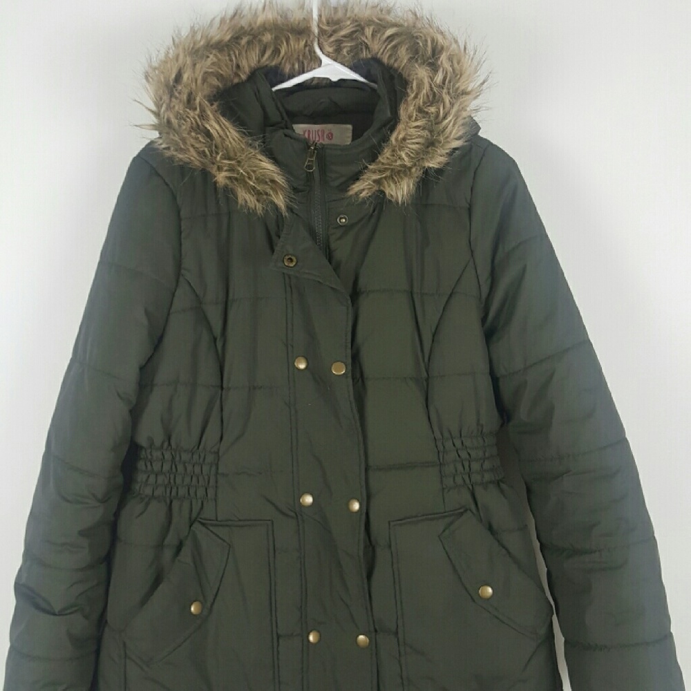 Long Olive Green Puffy Coat w/ Fake Fur Hood