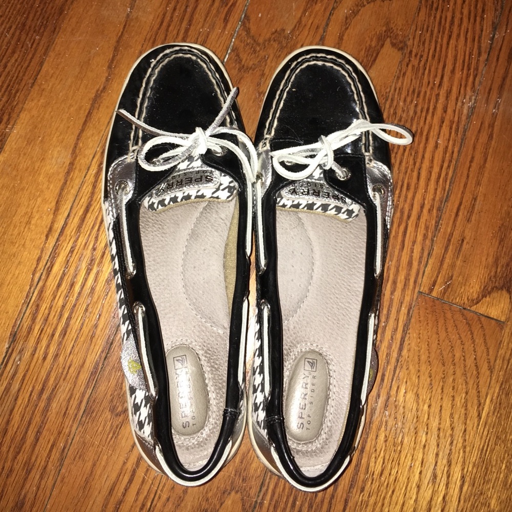 Sperry Black, Silver, and Herringbone Boat Shoes