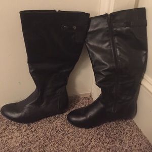 Black knee high faux leather wedge boot