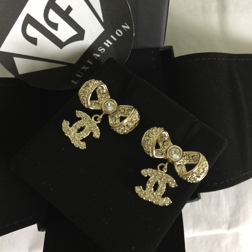 Chanel CC Bow Crystal Stud Dangle Earrings in Gold
