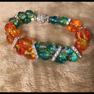 Orange & Green Glass and Crystal Bracelet