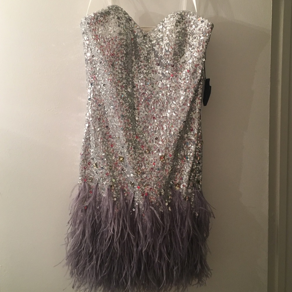 La Femme silver strapless sequin feather dress
