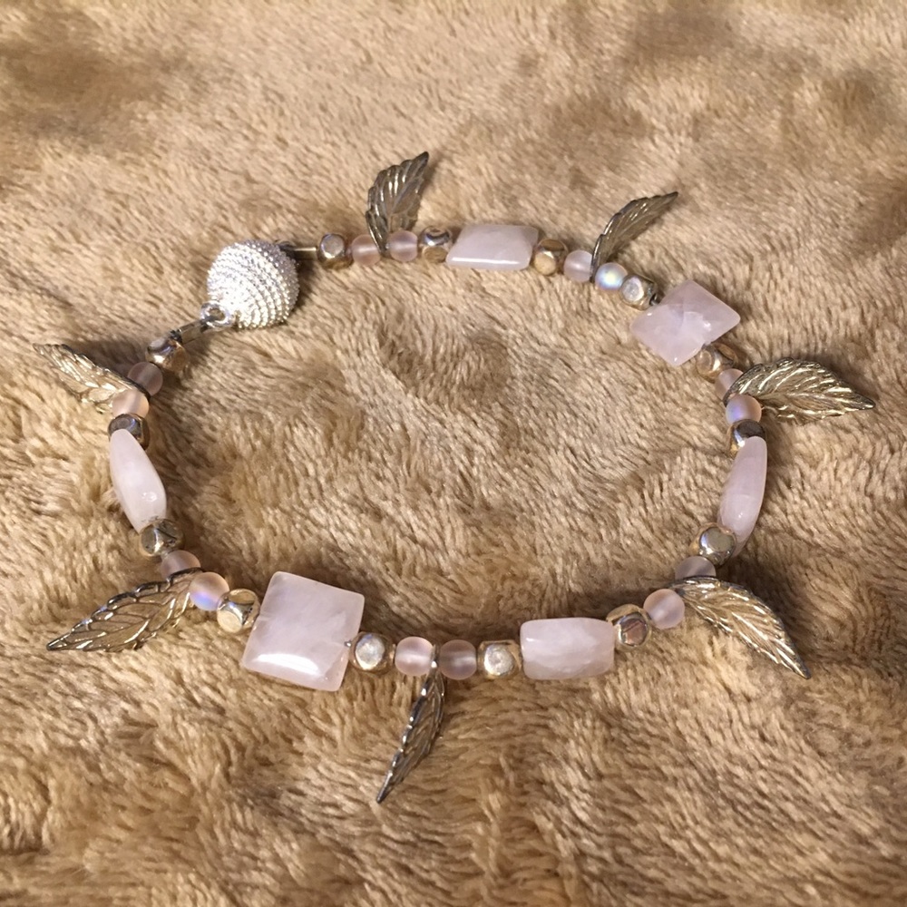 Pink Sea Glass Quartz And Silver Leaf Bracelet