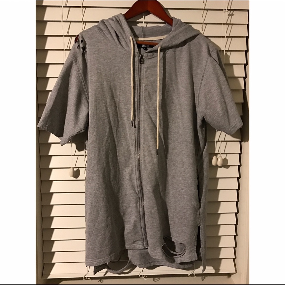 Ripped Grey Short Sleeved Zip-Up Hoodie