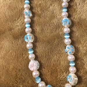 Light Blue and White Lampwork Glass Bead Necklace