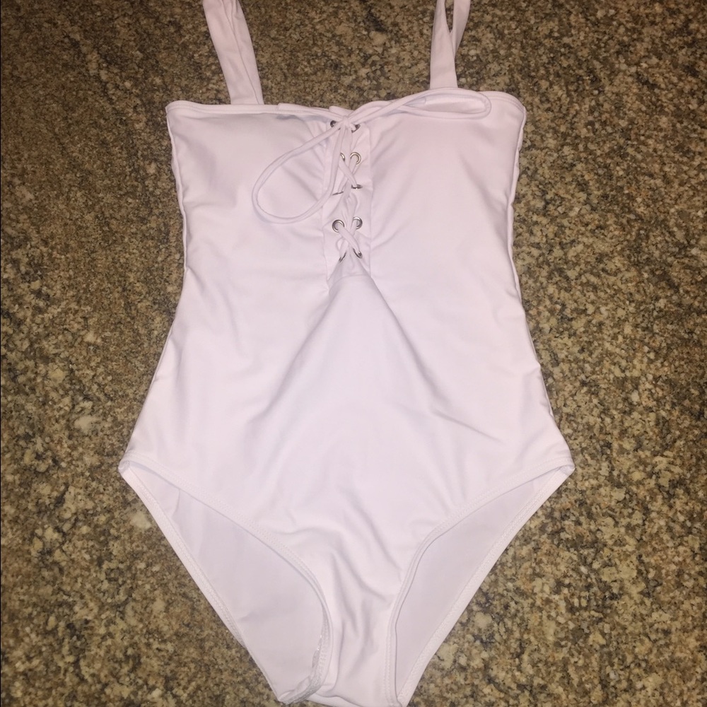 White lace up one piece swimsuit