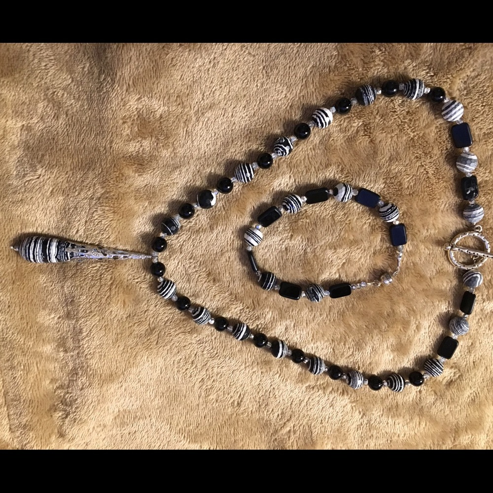 Necklace with Silver Black & White Pendant & Beads