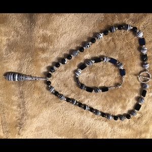 Necklace with Silver Black & White Pendant & Beads