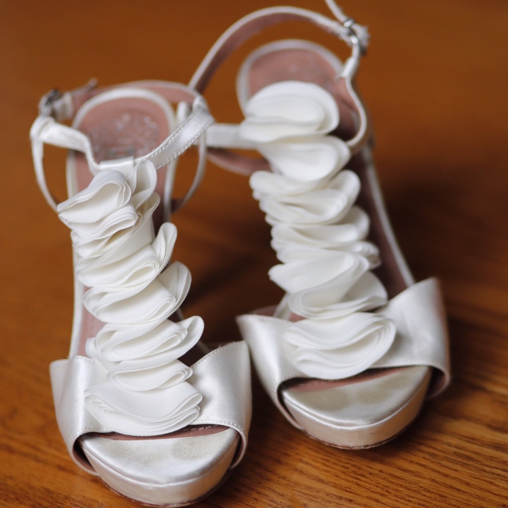Vince Camuto white ruffle heels