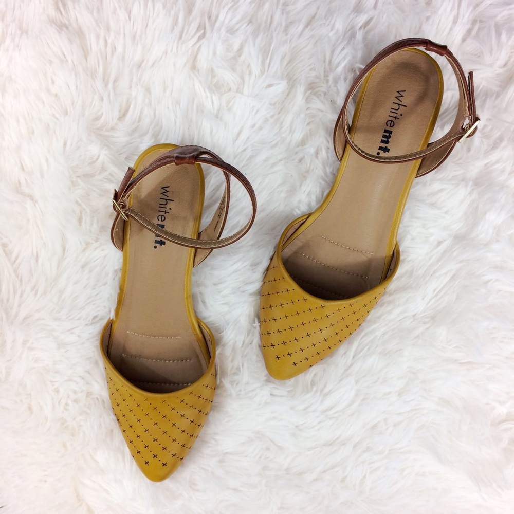 WHITEMT. mustard vintage-ish ankle strap wedges - Picture 1 of 4