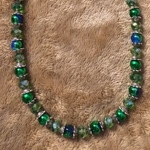 Necklace with Blue/Green Double Foil & Silver Bead