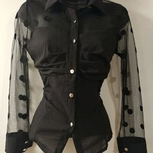 Black polka dot mesh top