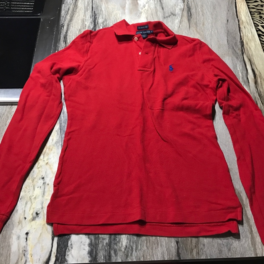Red long sleeve polo with royal blue polo horse