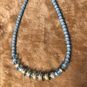 Blue and Ivory Glass & Sea Glass Bead Necklace