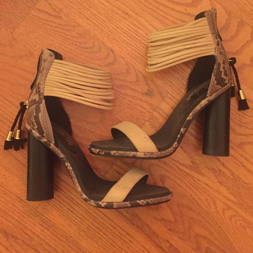 Aldo | Tan and Black Snake Tassel Block Heel