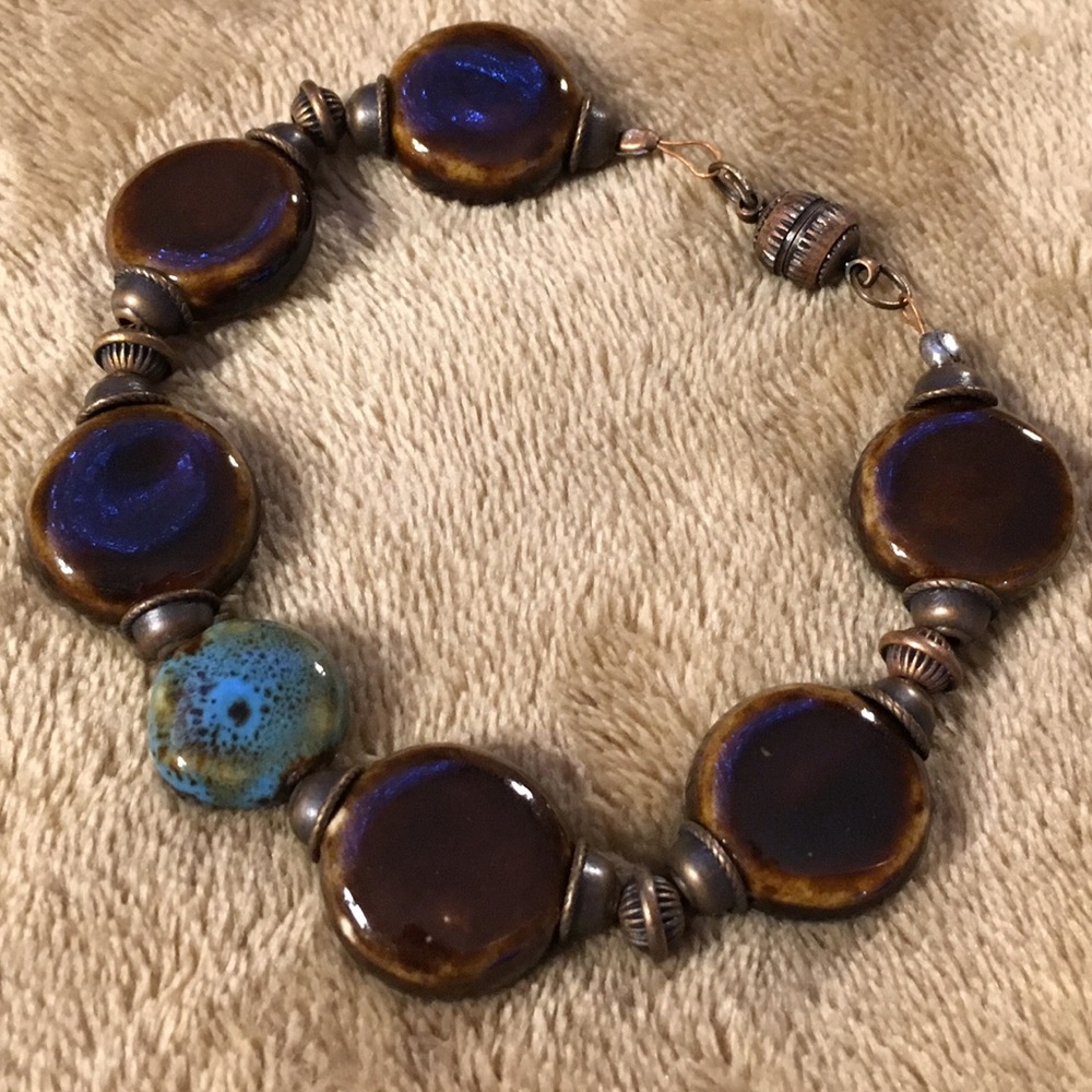 Brown and Blue Handmade Ceramic Oval And Copper