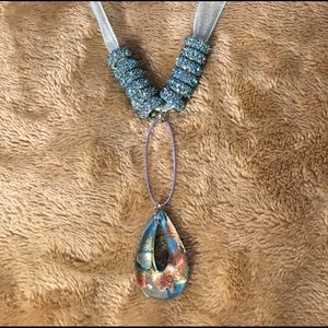 Blue Organza Necklace with Aqua/Copper Glass