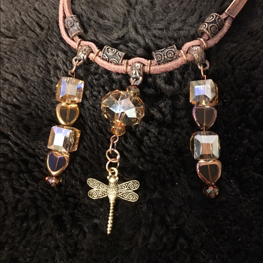 Suede Copper and Gold Crystal Beads with Dragonfly