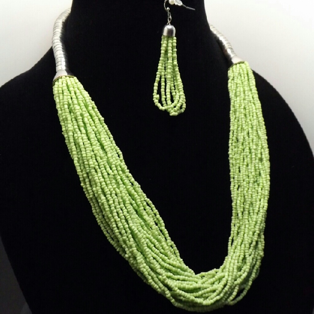 Green & Silver Multi-Strand Necklace Set