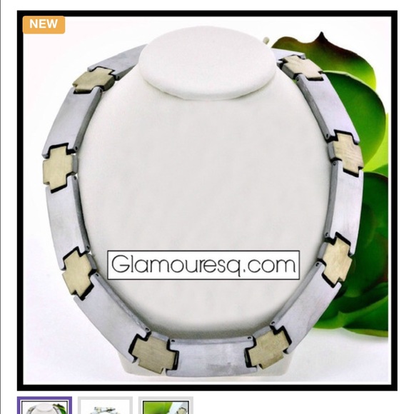 18k White & Yellow Gold & Stainless Steel Necklace - Picture 2 of 3