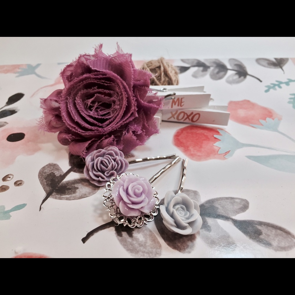 Chiffon Shabby flower hair pin set (4) purple grey