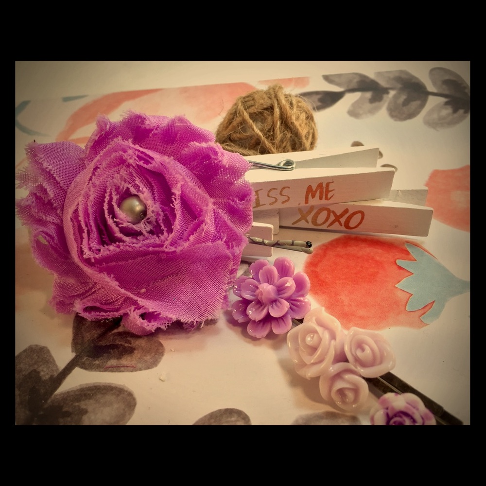 Purple shabby Chiffon Flower hair pin set of 4