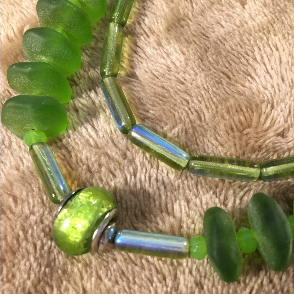 Lime Green Glass, Sea Glass, and Foil Bead Necklac