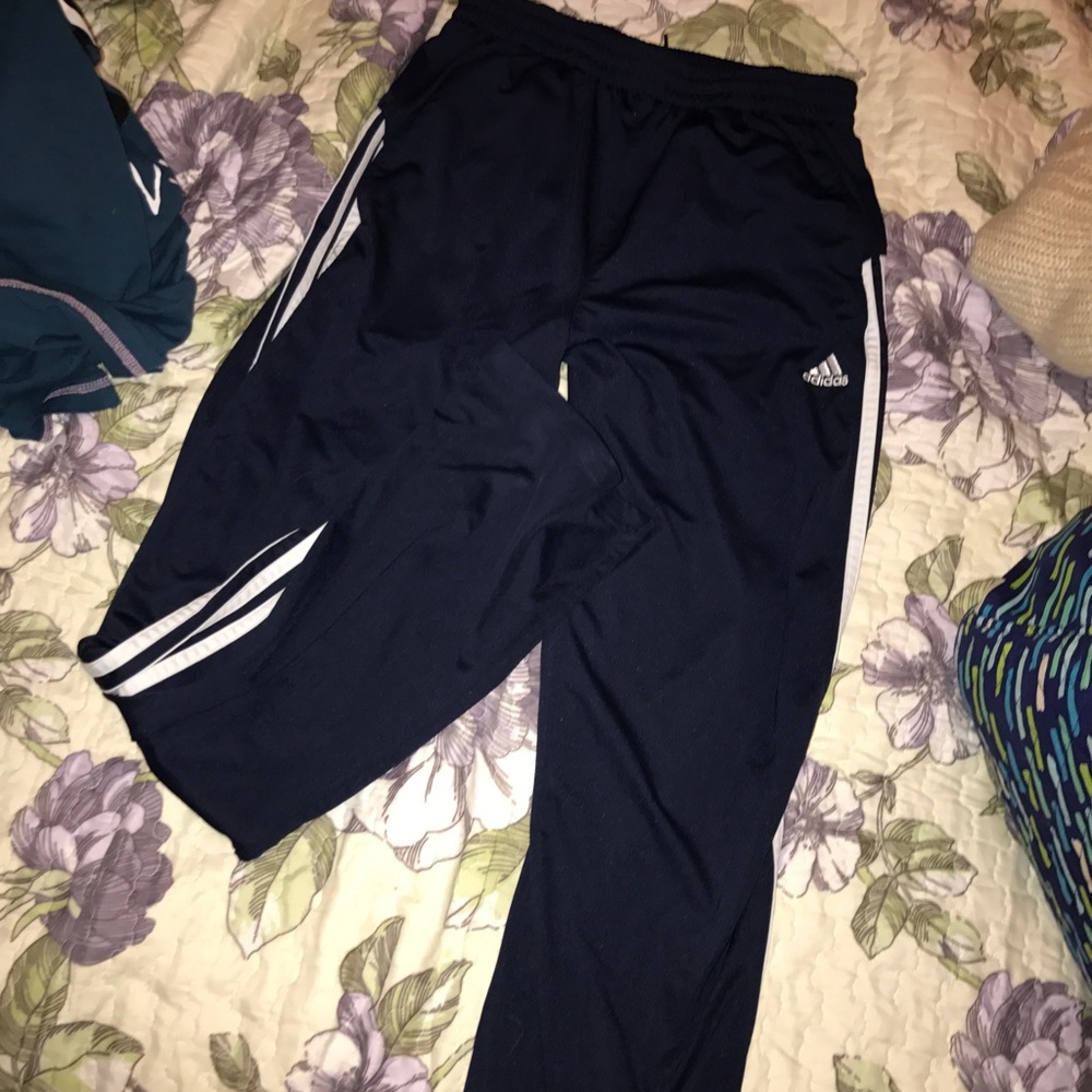 Blue and white adidas soccer pants either gender