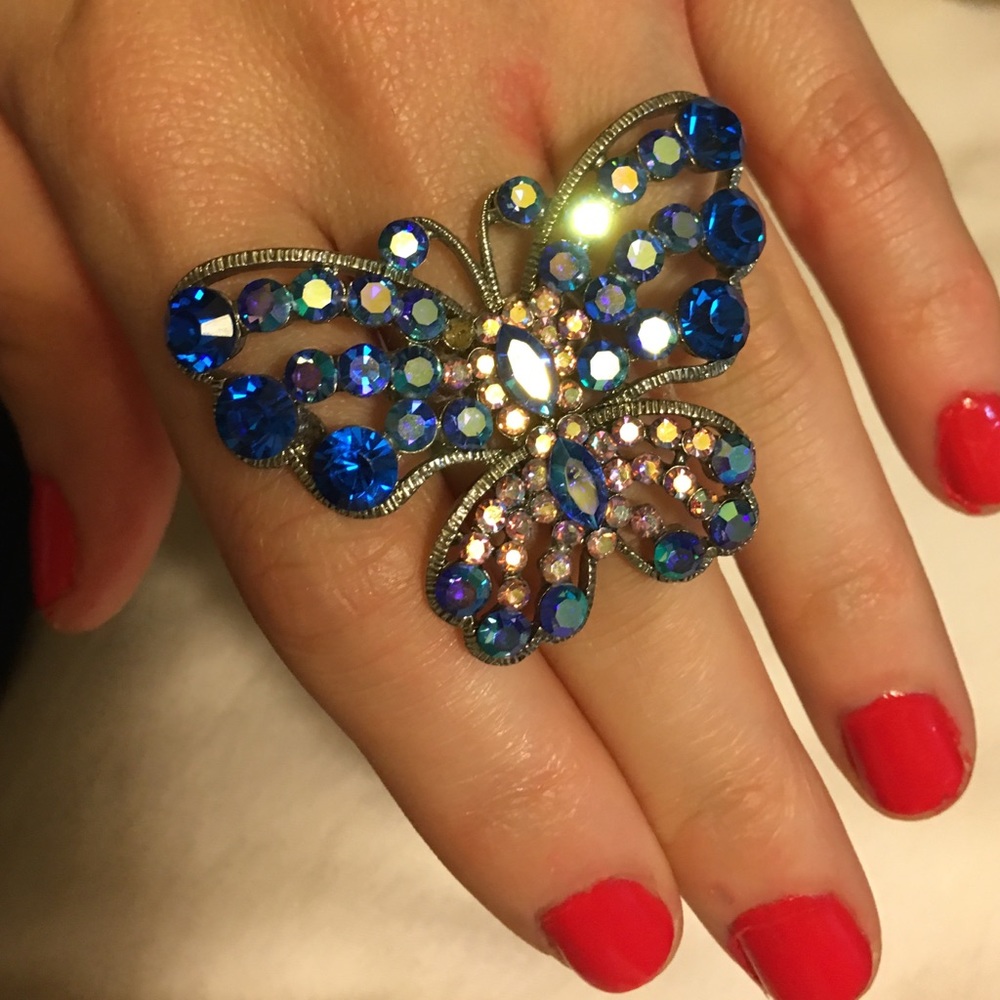 Blue Rhinestone Butterfly Statement Ring