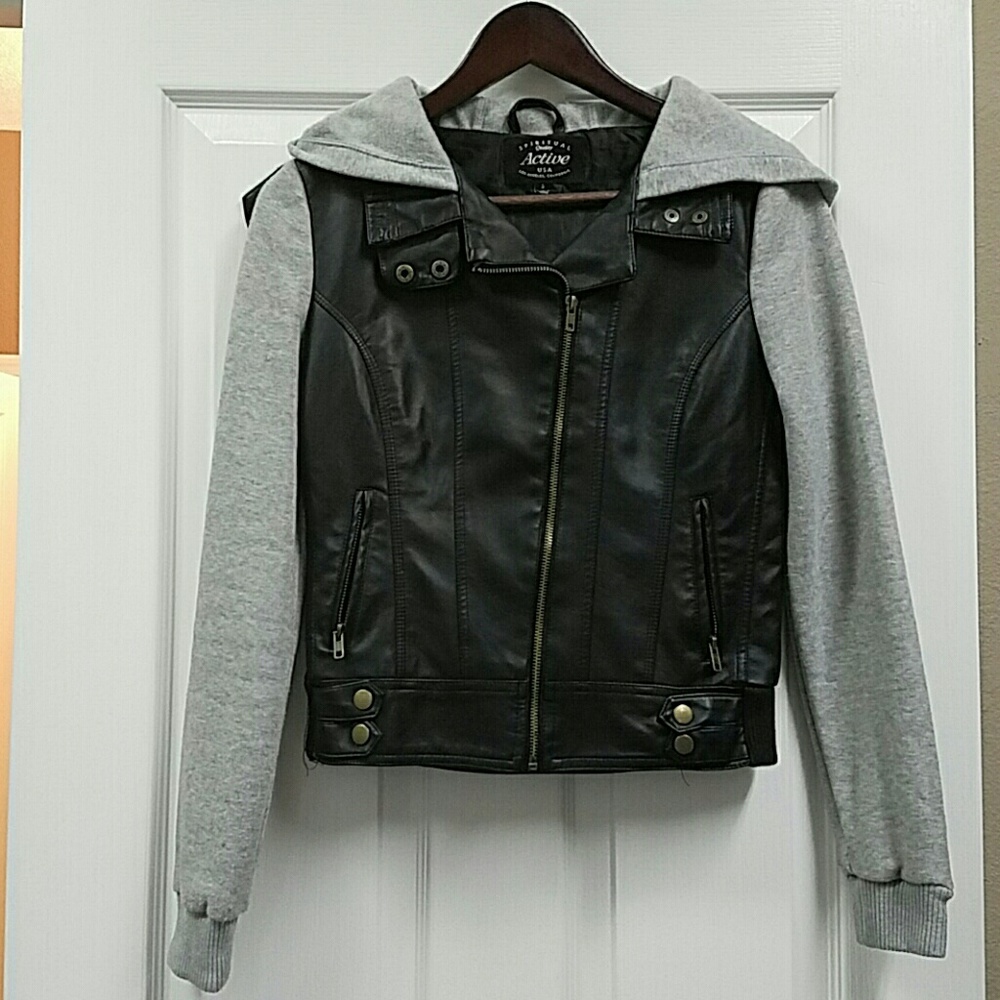 Faux leather and grey motorcycle jacket