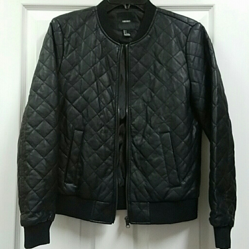 Black faux leather bomber jacket