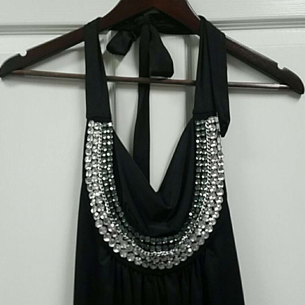 Black and rhinestone drape halter top