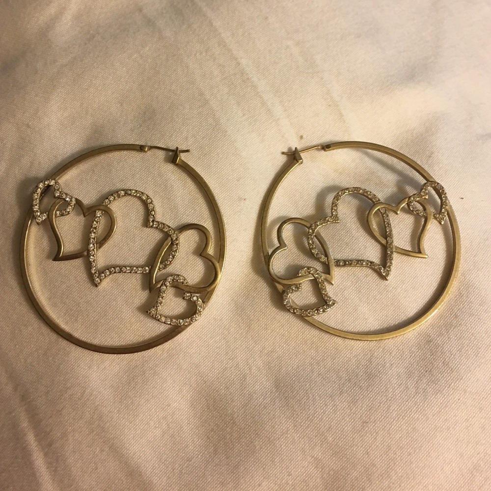 Gold Hoop Earrings with Heart & Rhinestone Detail
