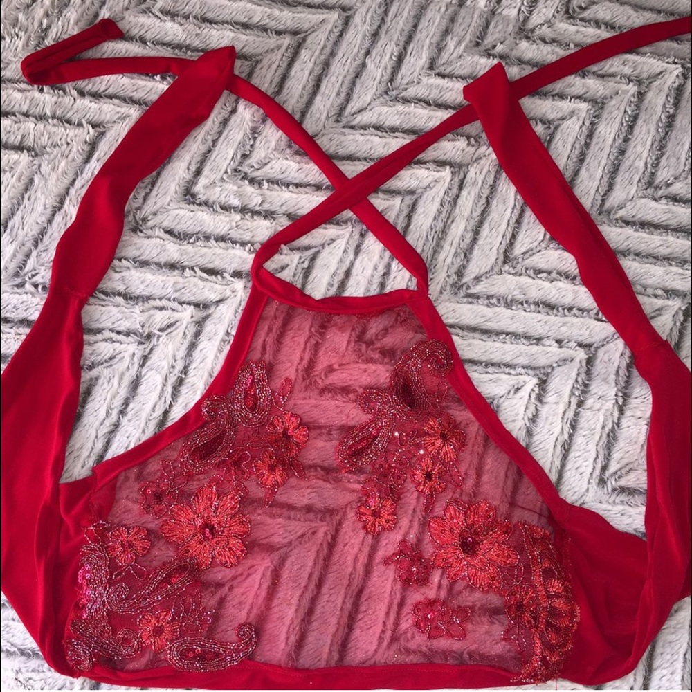 🌷Handmade🌷 Red Dazzle Lace & Mesh Top