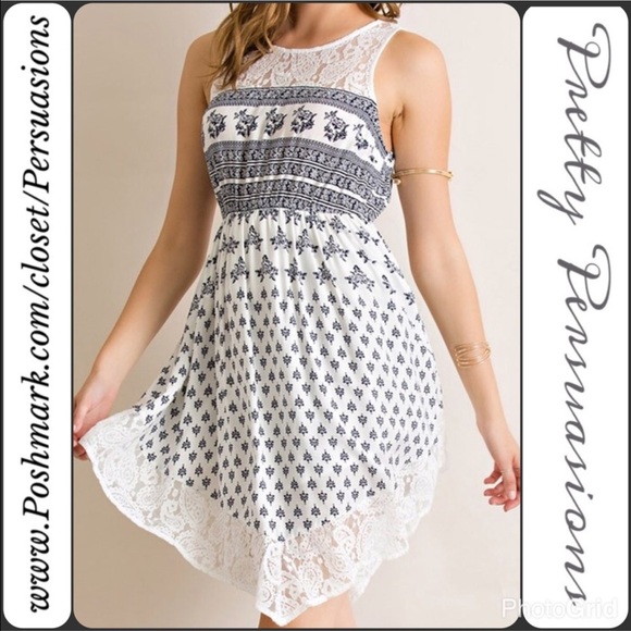 CLEARANCE‼️Lace Trim Angled Hem Navy Printed Dress - Picture 5 of 5