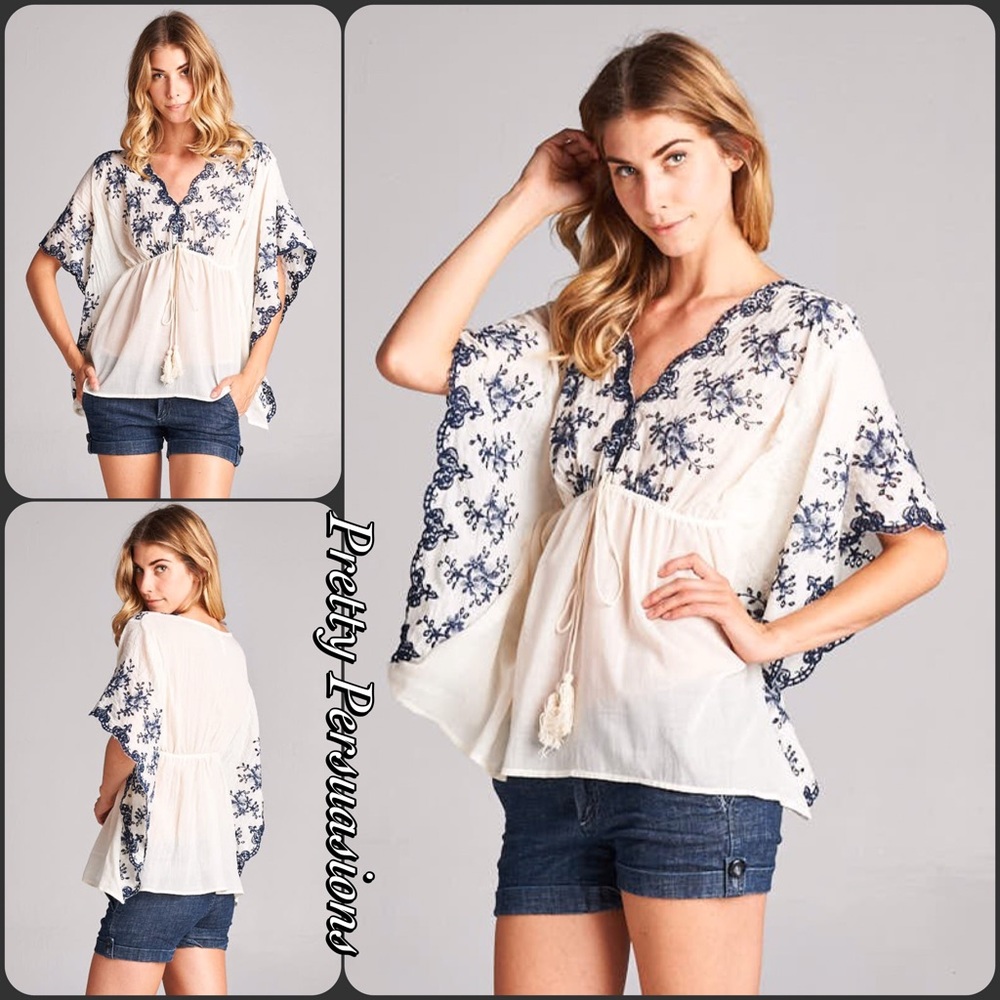 SOLD Ivory & Navy Embroidered Flutter Sleeve Top - Picture 2 of 4
